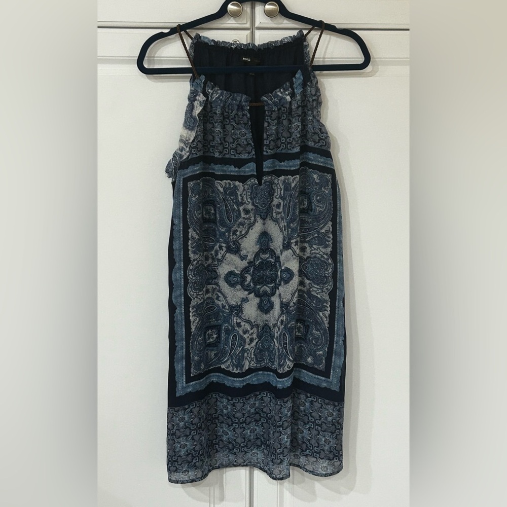 MNG Mango Blue Paisley Boho Halter Dress Hidden Pockets Size M